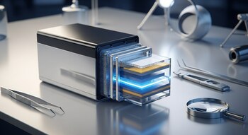 Vista detallada de una batería de estado sólido cortada, revelando sus múltiples capas internas iluminadas con luz azul, sobre una mesa de laboratorio junto a pinzas y una lupa.