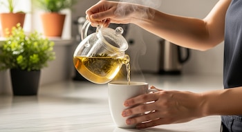 Manos vierten té verde humeante de una tetera de vidrio con hojas en una taza blanca. Se ve vapor, encimera de cocina y plantas borrosas al fondo.