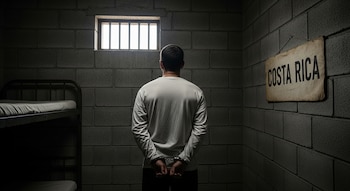 Hombre de espaldas con camiseta blanca y esposas, en celda de bloques de cemento. Se observa ventana con barrotes, literas y un cartel de 'Costa Rica'.