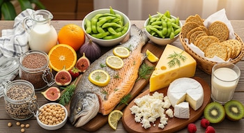 Pescado entero con limón, quesos, leche, edamame, soja, semillas de lino, semillas de chía, naranja, higos, kiwi, frambuesas y galletas saladas.