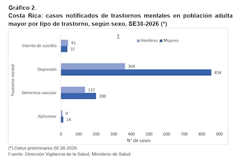 La depresión lidera las consultas en personas adultas mayores con un marcado predominio en mujeres, mientras que los intentos de suicidio registran una mayor incidencia en hombres, según las estadísticas oficiales del Ministerio de Salud.