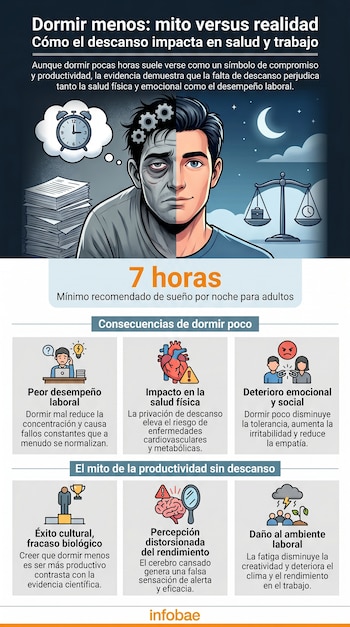 Infografía que ilustra a un hombre con una mitad descansada y otra agotada, comparando los efectos del sueño adecuado y la falta de descanso en la salud y productividad.
