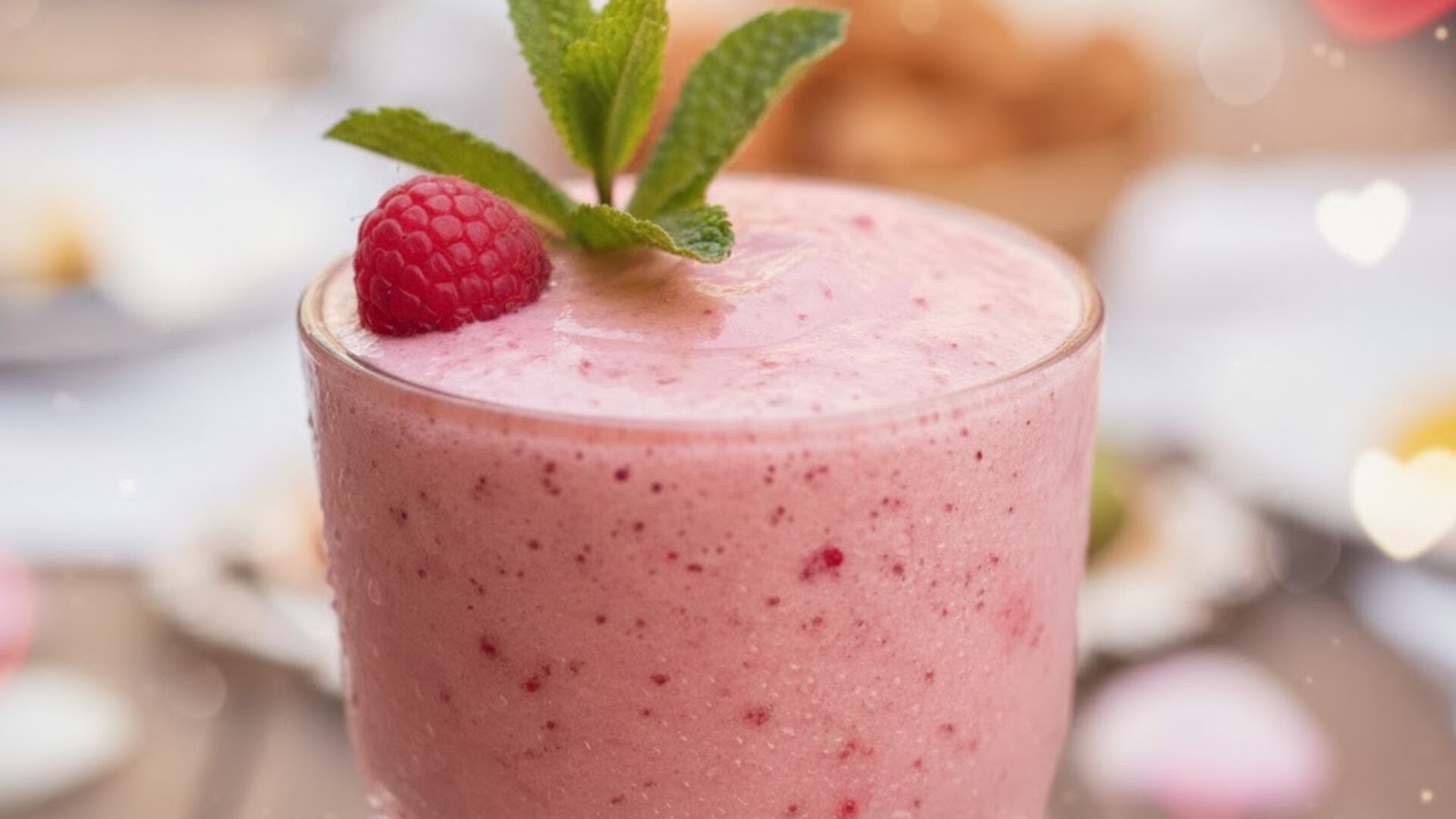 Licuado rosa de guayaba y frambuesa servido en vaso alto, decorado con frutos frescos y menta.(Gemini)