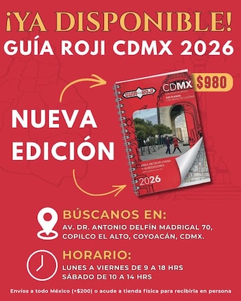 Póster rojo con texto blanco y amarillo, imagen de una guía, un pin de ubicación y un reloj. Se lee Guía Roji CDMX 2026, precio y dirección