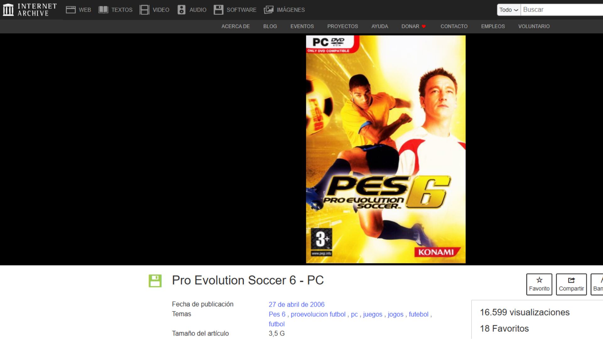 Internet Archive aloja copias en formato ISO de la versión completa de PES 6 subidas con fines de preservación histórica. (Internet Archives)