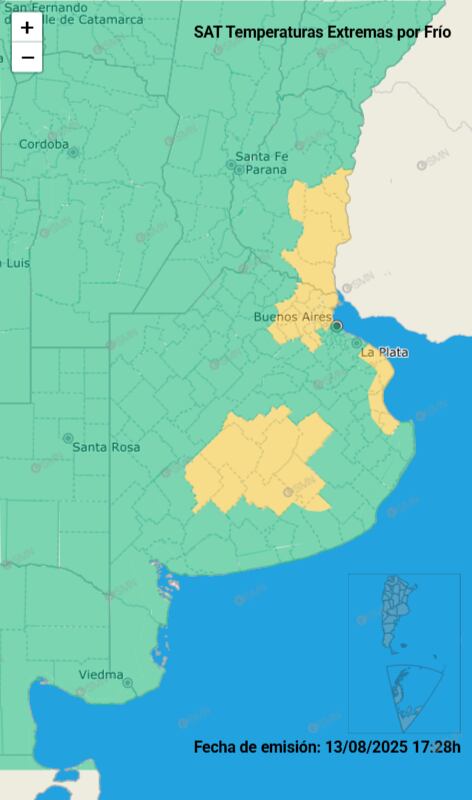 Las localidades afectadas por el alerta por frío extremo (SMN)