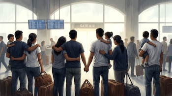 Ilustración sobria de un grupo de migrantes salvadoreños genéricos (adultos y niños) en un aeropuerto, de espaldas, junto a maletas, frente a una puerta de embarque iluminada. Paleta neutra.