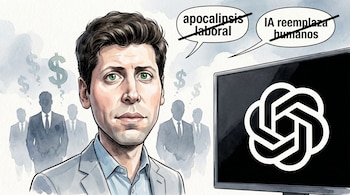 Caricatura de Sam Altman (CEO OpenAI), camisa y saco. Pantalla con logo OpenAI. Bocadillos tachados: "apocalipsis laboral" e "IA reemplaza humanos". Fondo con ejecutivos y dólares.