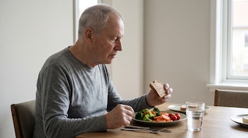 Hombre de cabello canoso sentado ante una mesa con un plato de brócoli, zanahorias y tomates cherry, sosteniendo un trozo de pan.