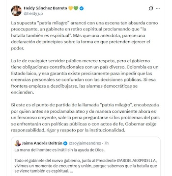 La concejala Heidy Sánchez pidió mantener una separación clara entre la fe de los funcionarios y las decisiones del Estado - crédito @heidy_up/X