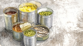 Seis latas de alimentos abiertas con piña, guisantes, frijoles, un guiso de frijoles y sardinas. Una lata de alimentos cerrada. Fondo gris.