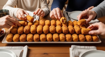 Vista superior de un plato grande con croquetas de papa y tomate seco. Varias manos toman las croquetas de la fuente sobre una mesa de madera.