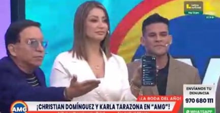 La inesperada reacción de Christian Domínguez cuando Karla Tarazona revisó su celular frente a cámaras. Captura: Arriba Mi Gente.