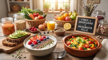 Mesa de madera con un desayuno variado: yogur con frutos rojos y semillas, tostadas de aguacate, huevos revueltos con verduras, frutas, cereales, legumbres y un letrero.