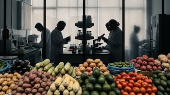 Un mostrador de mercado presenta montones de papas, choclos, aguacates, tomates, berenjenas y vainitas. Al fondo, siluetas de científicos trabajan en un laboratorio.