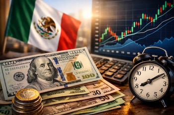 Bandera de México, billetes de cien dólares, billetes de dólar, monedas doradas, laptop con gráficos financieros y un reloj despertador.