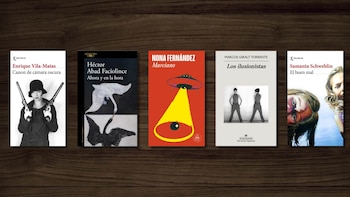 Cinco portadas de libros: Canon de cámara oscura, Ahora y en la hora, Marciano, Los ilusionistas y El buen mal, sobre fondo de madera oscura
