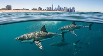 Imagen dividida. Bajo el agua, tres tiburones y un cardumen. Sobre el agua, una playa arenosa con edificios y el horizonte de Nueva York y Nueva Jersey.