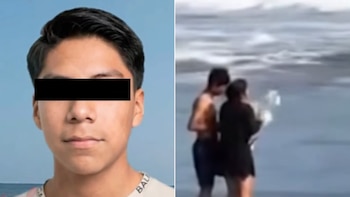 Retrato de un joven con una barra negra en los ojos y una imagen borrosa de dos personas en el agua de un mar agitado