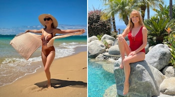 Imagen dividida. Izquierda: mujer con bañador marrón y sombrero en la playa. Derecha: misma mujer en bañador rojo sentada en roca junto a piscina.