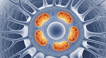 Ilustración científica de una célula dendrítica con prolongaciones. Su corte transversal muestra un núcleo central y cinco mitocondrias ovaladas anaranjadas resaltadas.