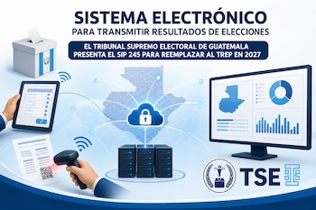 Ilustración con una urna electoral de Guatemala, una tableta, un escáner, servidores de datos y un monitor con gráficos de transmisión.