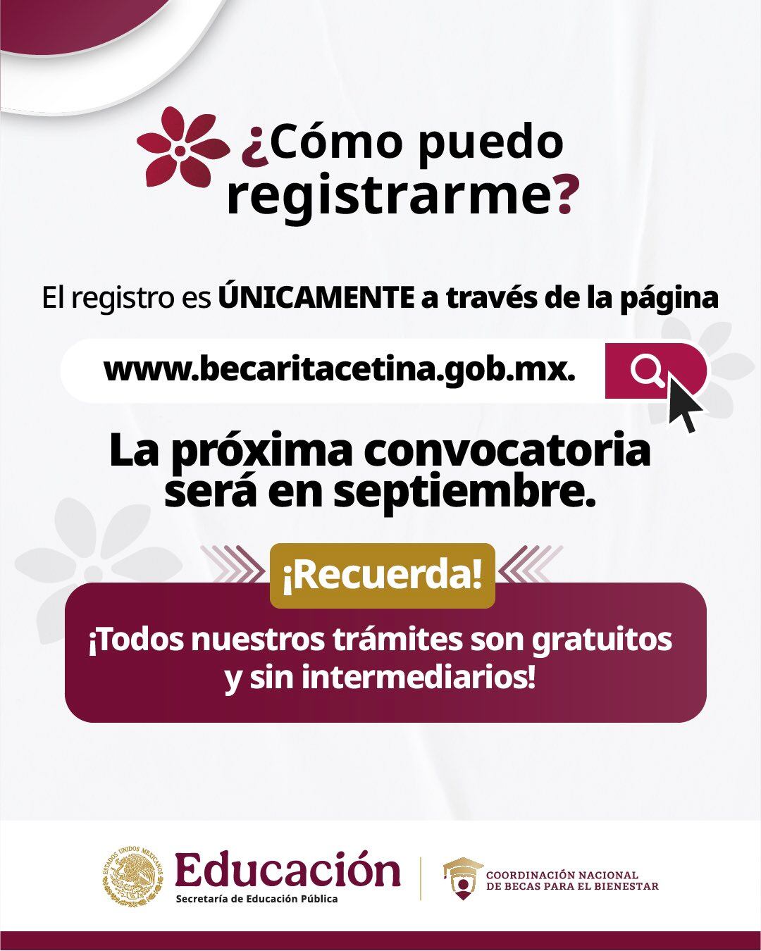 El registro para los alumnos de preescolar y primaria en septiembre será únicamente a través de la página www.becaritacetina.gob.mx. (X@BecasBenito)
