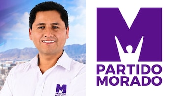 Alan Freddy Mendoza Ramos viste camisa blanca con emblema bordado junto al logotipo gráfico del Partido Morado