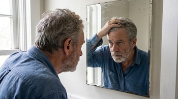 Primer plano de un hombre canoso de mediana edad con barba, mirando su reflejo en un espejo mientras toca su cabello. Una ventana ilumina la escena.