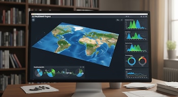 Un monitor de computadora exhibe un mapa mundial 3D con marcadores de ubicación, gráficos estadísticos y circulares. En el fondo, una estantería de libros y un escritorio.