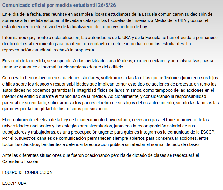 Estudiantes del Carlos Pellegrini rechazaron la propuesta de las autoridades de la UBA de permanecer en el edificio durante la toma para mantener un contacto directo con los alumnos