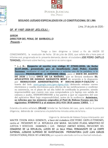 Documento oficial del Poder Judicial de Perú, con membrete, texto mecanografiado y encabezado del Segundo Juzgado Especializado en lo Constitucional de Lima