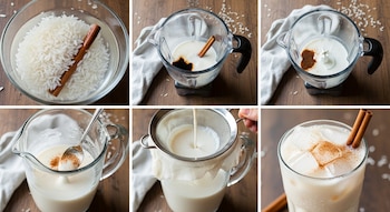Seis fotos detallan la elaboración de agua de horchata: remojo de arroz y canela, mezcla de ingredientes, colado y el vaso final con hielo y canela.