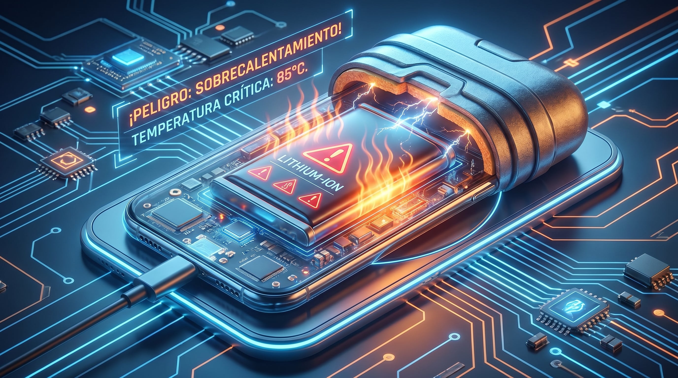 Una batería de ion de litio dentro de un celular sobrecalentándose peligrosamente a 85°C durante la carga. (Imagen Ilustrativa Infobae)