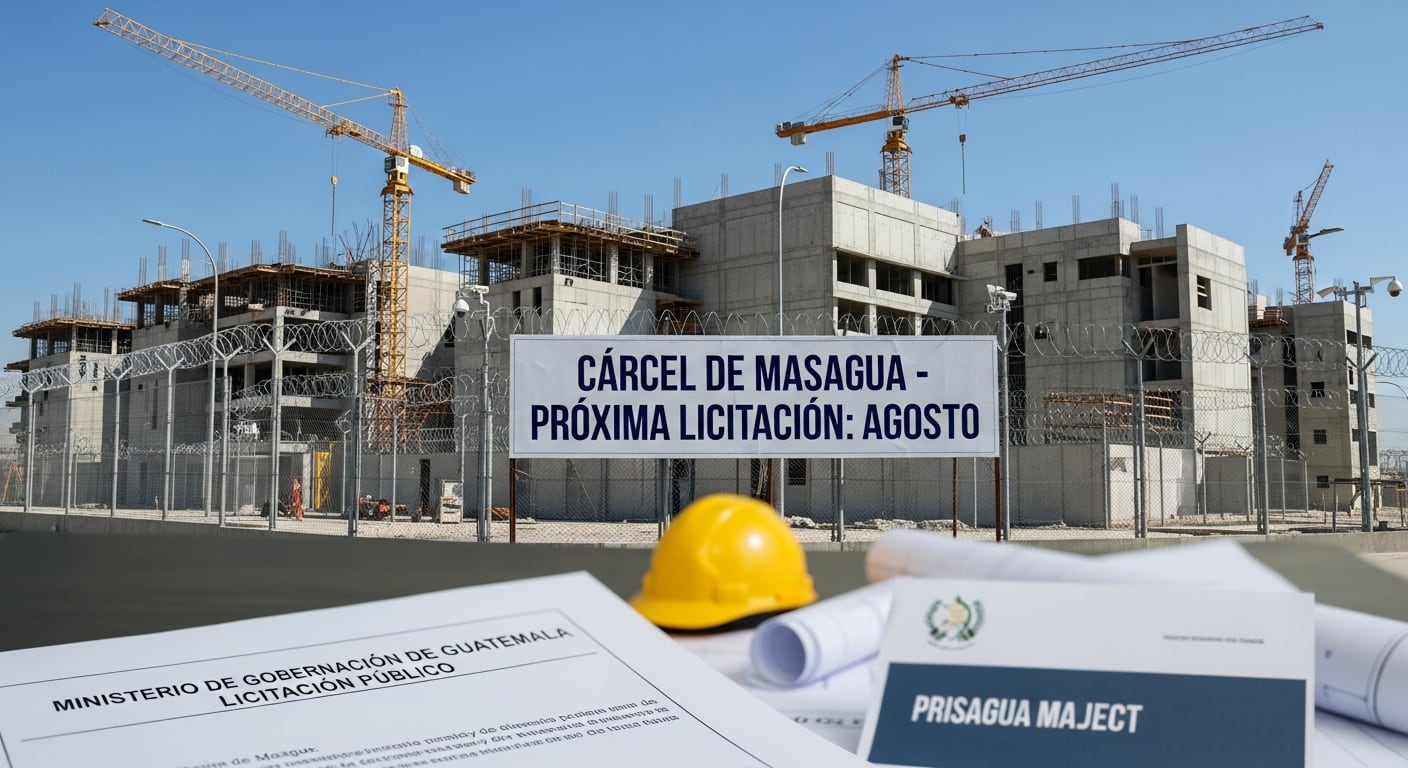 La construcción de la cárcel de Masagua en Guatemala avanza, con una pancarta que anuncia la licitación pública para agosto, acompañada de documentos del Ministerio de Gobernación. (Imagen Ilustrativa Infobae)