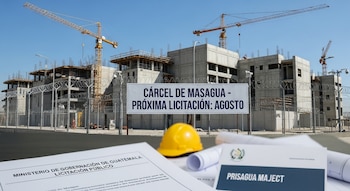 Sitio de construcción de prisión con grúas y edificios sin terminar, cercas con alambre de púas, un cartel de licitación, un casco de seguridad y documentos en primer plano.