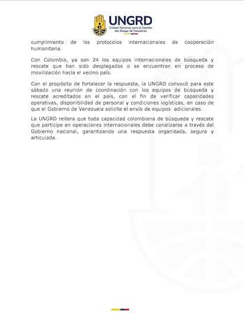 Se enviarían más misiones humanitarias y de rescate si el Gobierno de Venezuela lo solicita - crédito Ungrd