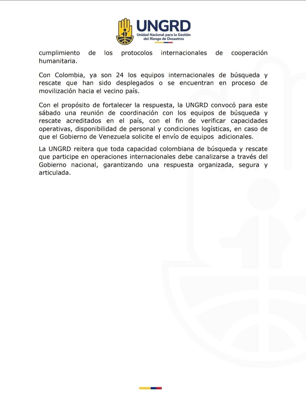 Se enviarían más misiones humanitarias y de rescate si el Gobierno de Venezuela lo solicita - crédito Ungrd