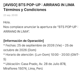 Captura con texto en fondo blanco sobre la información de operación de la tienda temporal BTS Pop-Up Arirang en Lima