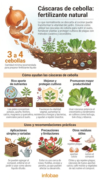 Infografía sobre el uso de cáscaras de cebolla como fertilizante. Muestra cebolla, plantas, símbolos de nutrientes, compostera, regadera y varios residuos orgánicos.