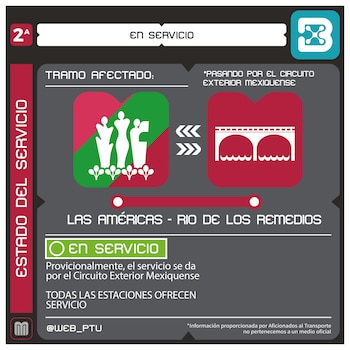 Gráfico del Mexibús Línea 2A mostrando un tramo afectado entre Las Américas y Río de los Remedios, con desvío por el Circuito Exterior Mexiquense