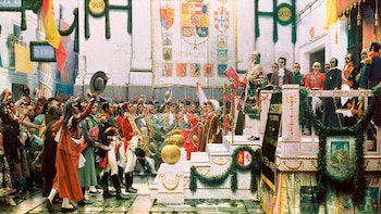 Pintura que recrea la promulgación de la Constitución de 1812 en las Cortes de Cádiz, que fue presidida por Vicente Morales y Duárez. (Salvador Viniegra, 1912)