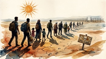 Ilustración acuarela. Grupo de migrantes caminando por un desierto bajo el sol, cerca de una valla fronteriza y un cartel de peligro.