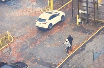 Vista aérea de dos personas con capuchas, una de ellas porta un arma de fuego, junto a un automóvil blanco y un portón metálico. El suelo está cubierto de hojas