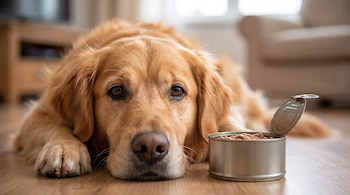 Un perro golden retriever tumbado en el suelo, con la cabeza apoyada en sus patas delanteras. Junto a él, una lata abierta con comida húmeda para perros.