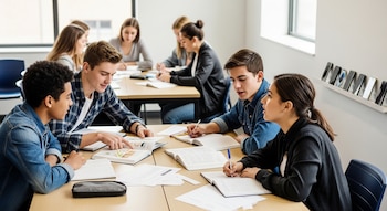 Grupo de adolescentes en un aula moderna sentados alrededor de mesas con libros y cuadernos, un estuche, bolígrafos y varios teléfonos móviles en un estante.