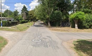Una calle de asfalto con casas bajas, árboles, postes de luz y la inscripción C. 411 sobre el pavimento