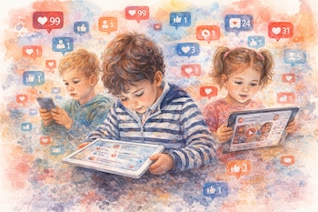 Tres niños, dos varones y una niña, utilizan una tableta, otra tableta y un teléfono inteligente. Íconos de redes sociales como corazones, pulgares y burbujas de texto flotan alrededor con números.