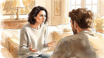 Ilustración estilo acuarela de una mujer de cabello oscuro gesticulando frente a un hombre de espaldas.