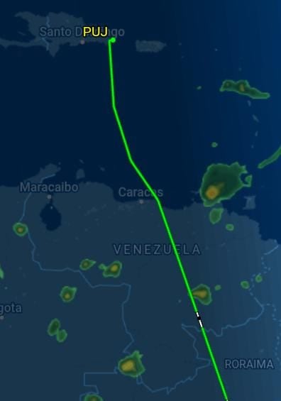 El detalle del vuelo del sábado con destino a Punta Cana que pasó sobre el espacio aéreo venezolano (FlightAware)